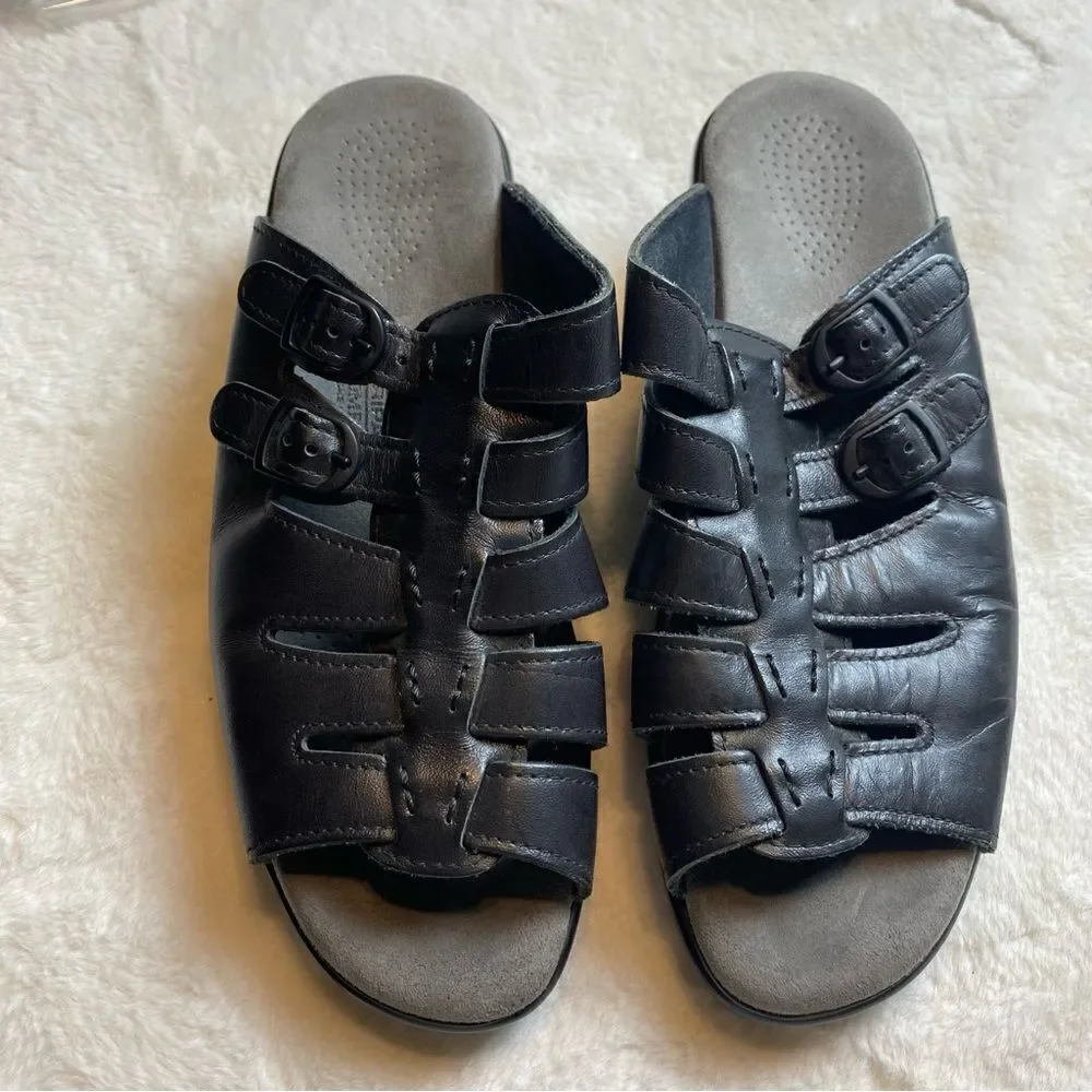SAS Tripod Comfort Black Leather Slip On Sandals Size 10 N